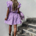 purple floral short sweet flying sleeves V-neck dress NSHHF61845