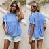 Floral Round Neck Short-Sleeved Blue Loose Printed Chiffon Shirt NSYYF61887