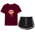 pink big lips personality printing T-shirt drawstring shorts casual set NSYIC65447