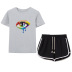 color matching big eyes printed T-shirt drawstring shorts casual set NSYIC65449