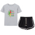 color matching maple leaf English printing T-shirt drawstring shorts casual set NSYIC65450