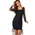 nihaostyle clothing wholesale new Hepburn style black slim mesh open back shiny long-sleeved hip dress NSSA67215