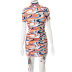 swirl printing high-neck casual pleated short dress wholesale women s clothing Nihaostyles NSHLJ68336