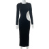 Solid Color Hollow Long-Sleeved High-Waist Round Neck Dress NSHLJ68341