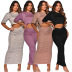 solid color pleated cropped top & long skirt 2 piece set NSMYF68643