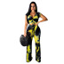 printed large size one word shoulder top & pants 2-piece set NSMYF68692