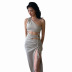 solid color stitching oblique shoulder navel high-fork drawstring long dress wholesale clothing vendor Nihaostyles NSHLJ68826