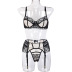 Lace Mesh Black Embroidered Belt Three-Piece Underwear Set NSWY69076