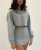 Blusa corta de algodón con manga larga y solapa en color liso con falda Conjunto de 2 piezas NSHS69170