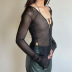 Black Solid Color Lace Halterneck Split Long-Sleeved Mesh Polyester Blouse NSSWF69495