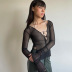 Black Solid Color Lace Halterneck Split Long-Sleeved Mesh Polyester Blouse NSSWF69495