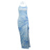 print dress with slit pleated drawstring halter neck dress wholesale clothing vendor Nihaostyles NSSWF69515