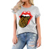 Ladies Leopard Print Lip  Round Neck Short Sleeve T-shirt nihaostyles clothing wholesale NSZZF70946