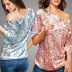 wholesale women s clothing Nihaostyles solid color sequins slanted shoulder mid-sleeve shirt   NSYSM67006