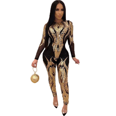 Sequined Long-sleeved See-through Jumpsuit Nihaostyles Wholesale Clothing Vendor NSCYF73118