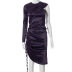 solid color one-shoulder long-sleeved pleated dress Nihaostyles wholesale clothing vendor NSHLJ73280