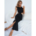 women s black round neck split split thin dress nihaostyles clothing wholesale NSJM73556