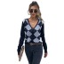 women s long-sleeved diamond plaid v-neck knitted cardigan nihaostyles clothing wholesale NSDMB73690