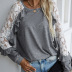 women s loose lace stitching long-sleeved round neck solid color t-shirt nihaostyles clothing wholesale NSDF73714
