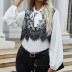 women s puff-sleeved black lace stitching bow tie ladies shirt nihaostyles clothing wholesale NSDF73716