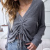 women s v-neck sweater solid color drawstring long-sleeved T-shirt nihaostyles clothing wholesale NSDF73736