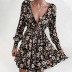 women s printed  V-neck long-sleeved pleated dress nihaostyles clothing wholesale NSYIS73773