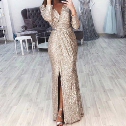 Ladies’ V-neck Shiny Evening Dress Nihaostyles Clothing Wholesale NSBTY74090