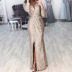 Ladies’ V-Neck Shiny Evening Dress NSBTY74090