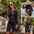 Solid Color Long Round Neck Long-Sleeved Black See-Through Beach Dress NSLM74419