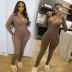 Solid color long sleeve deep v one-piece jumpsuit NSWNY74491