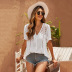 solid color short puff sleeve lace hollow stitching shirt NSSI74830