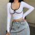 Chest Bow U-Neck Long-Sleeved T-Shirt NSSSN75261