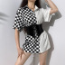 checkerboard stitching contrast color loose lapel shirt Nihaostyles wholesale clothing vendor NSSSN75553