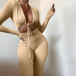 Solid Color Lace-up Long-sleeved Tight Jumpsuit NSLJ76035