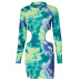 Tie-Dye Print Waist Hollow Zipper Dress NSLJ76077