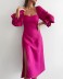 solid color bubble horn long-sleeved mid-length high-waisted split dress Nihaostyles wholesale clothing vendor NSMS76293