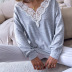  v-neck solid color lace hedging loose stitching long-sleeved t-shirt Nihaostyles wholesale clothing vendor NSDF76449