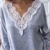  v-neck solid color lace hedging loose stitching long-sleeved t-shirt Nihaostyles wholesale clothing vendor NSDF76449