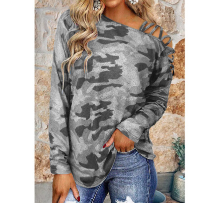 Off-the-shoulder Camouflage Print Loose Long-sleeved T-shirt Nihaostyles Wholesale Clothing Vendor NSLZ72627