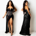  women s rhinestone sequins mesh suspenders V-neck slit dress nihaostyles clothing wholesale NSXYZ78220