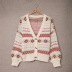 Printing Breasted Lantern Sleeve V-Neck Knitted Cardigan NSSI78249