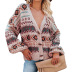 Printing Breasted Lantern Sleeve V-Neck Knitted Cardigan NSSI78249