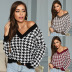 women s long-sleeved houndstooth jacquard v-neck knitted sweater nihaostyles wholesale clothing NSDMB79410