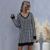 women s retro houndstooth v-neck OL knitted mid-length sweater dress nihaostyles wholesale clothing NSDMB79425