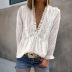 Solid color plunging neckline lantern sleeve lace jacquard chiffon blouse NSSI79462