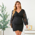 Plus Size Solid Color Lace Stitching Lantern Sleeve Dress NSSI79474
