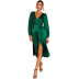 women s V-neck lace-up satin long-sleeved slit dress nihaostyles clothing wholesale NSWX79735
