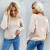 autumn women s round neck long-sleeved khaki jacquard holes knitted sweater nihaostyles wholesale clothing  NSDMB79788