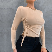 Autumn And Winter Women's Round Neck Pleated Slim Long-sleeved Pullover Top Nihaostyles Wholesale Clothing NSYSQ79815