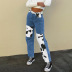 Cow Print Stitching High Waist Straight Jeans NSRUI79826